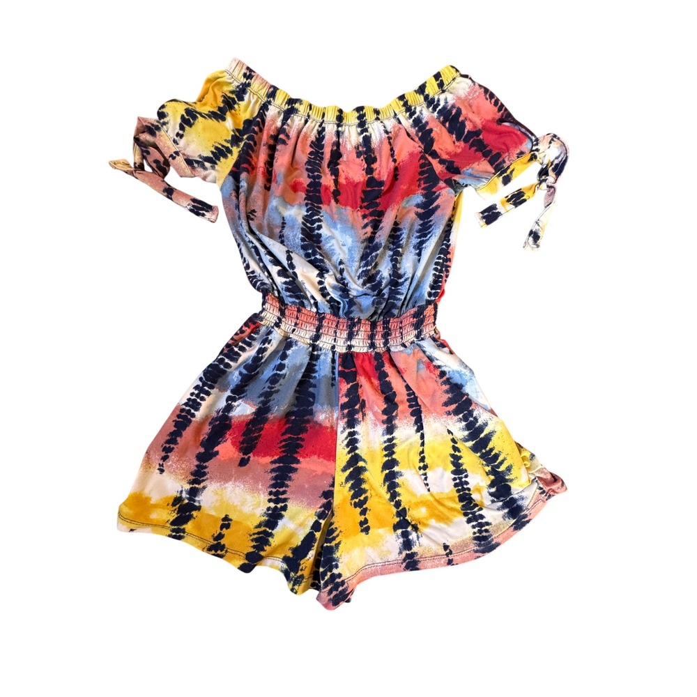 Derek Heart Off The Shoulder Tie Dye Romper Smocked Waist Rainbow Girls‎ S